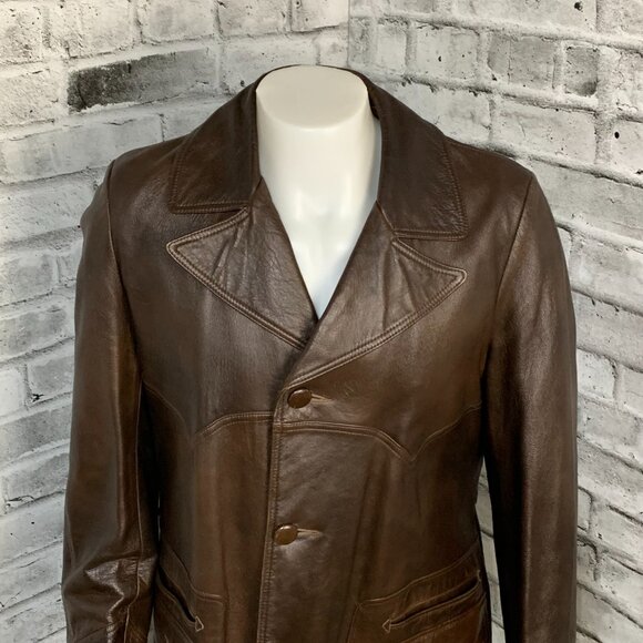 Vintage 70s Chocolate Brown Leather Retro Jacket Trench Coat Overcoat - Picture 2 of 16